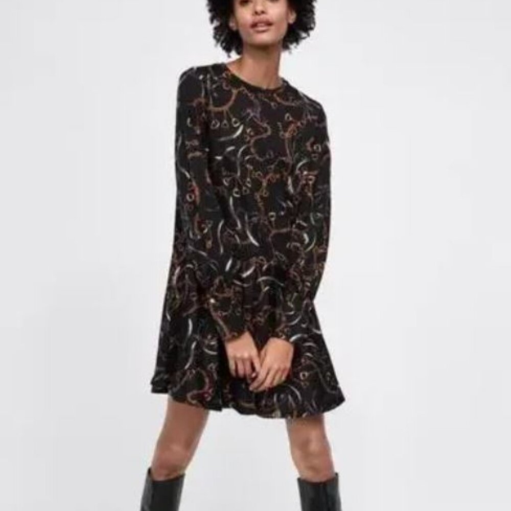 Zara Women’s Chain Print Long Sleeve A-Line Mini Swing Dress